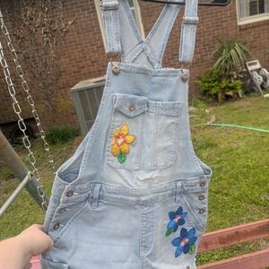 No Boundaries Light Blue Denim Floral Embroidered Short Overalls